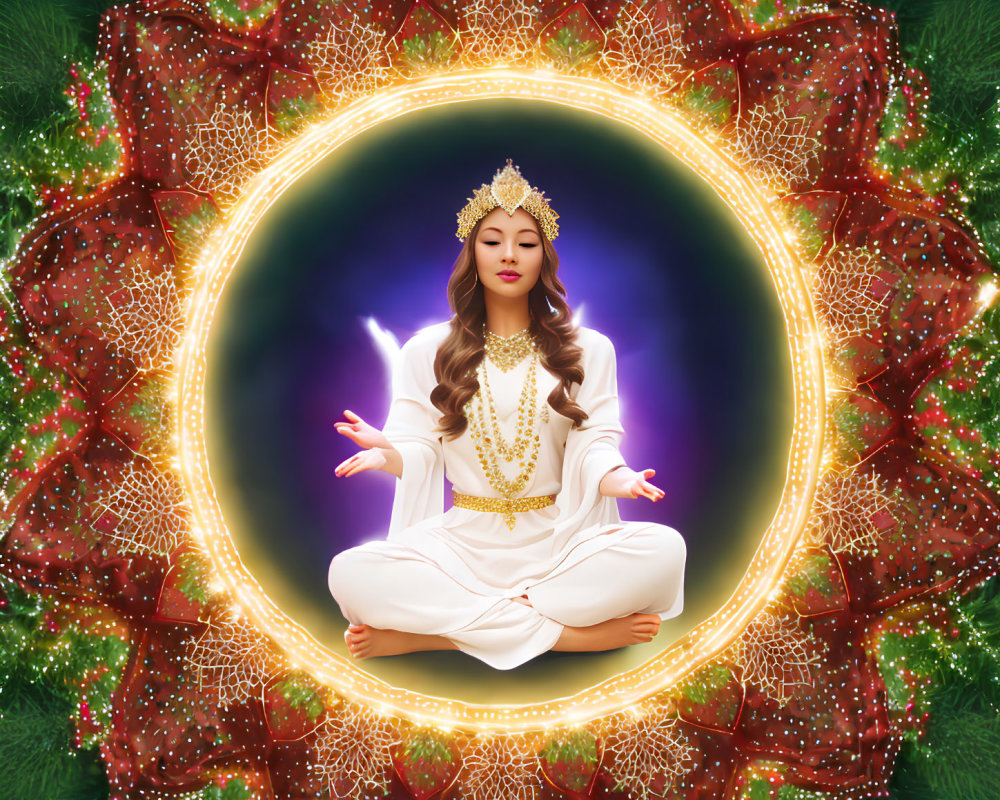 Woman Meditating in Lotus Position Within Glowing Mandala