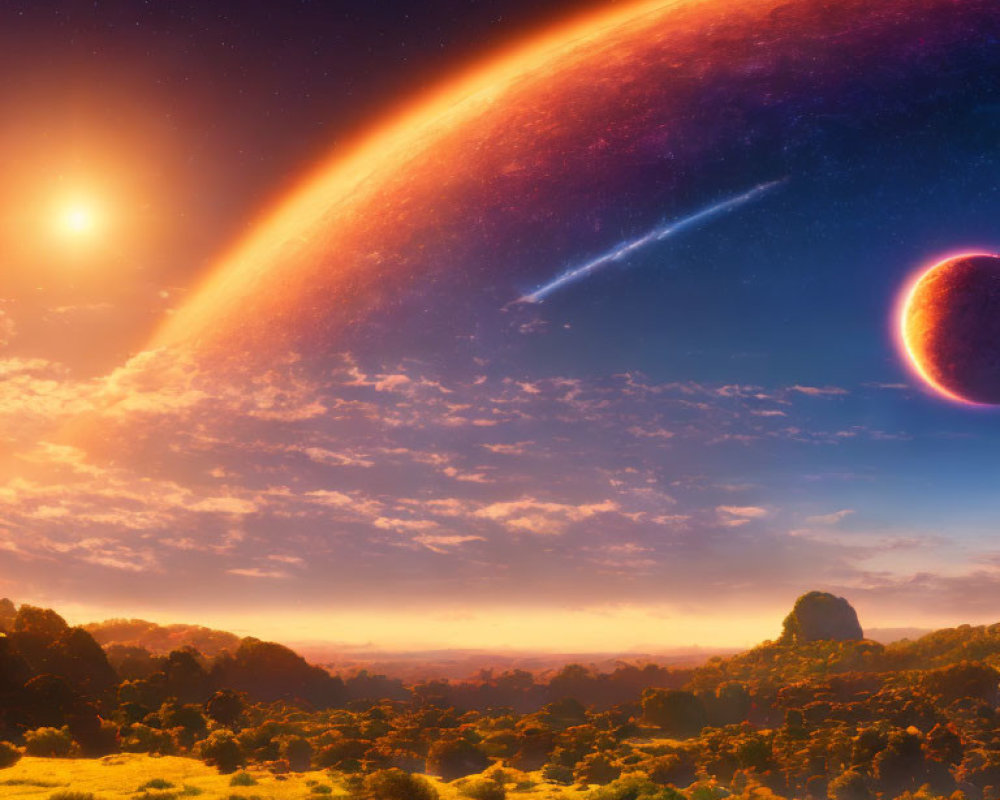 Vibrant sunrise over surreal cosmic landscape with planet, comet, and alien terrain