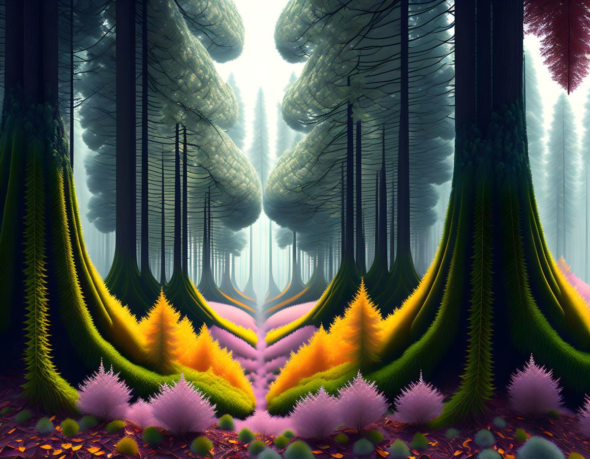 Colorful Digital Forest with Oversized Pine Trees and Exaggerated Moss