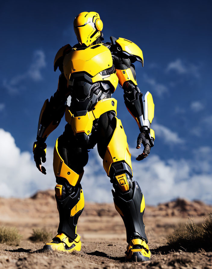 Yellow and Black Armored Robot on Sandy Terrain under Blue Sky