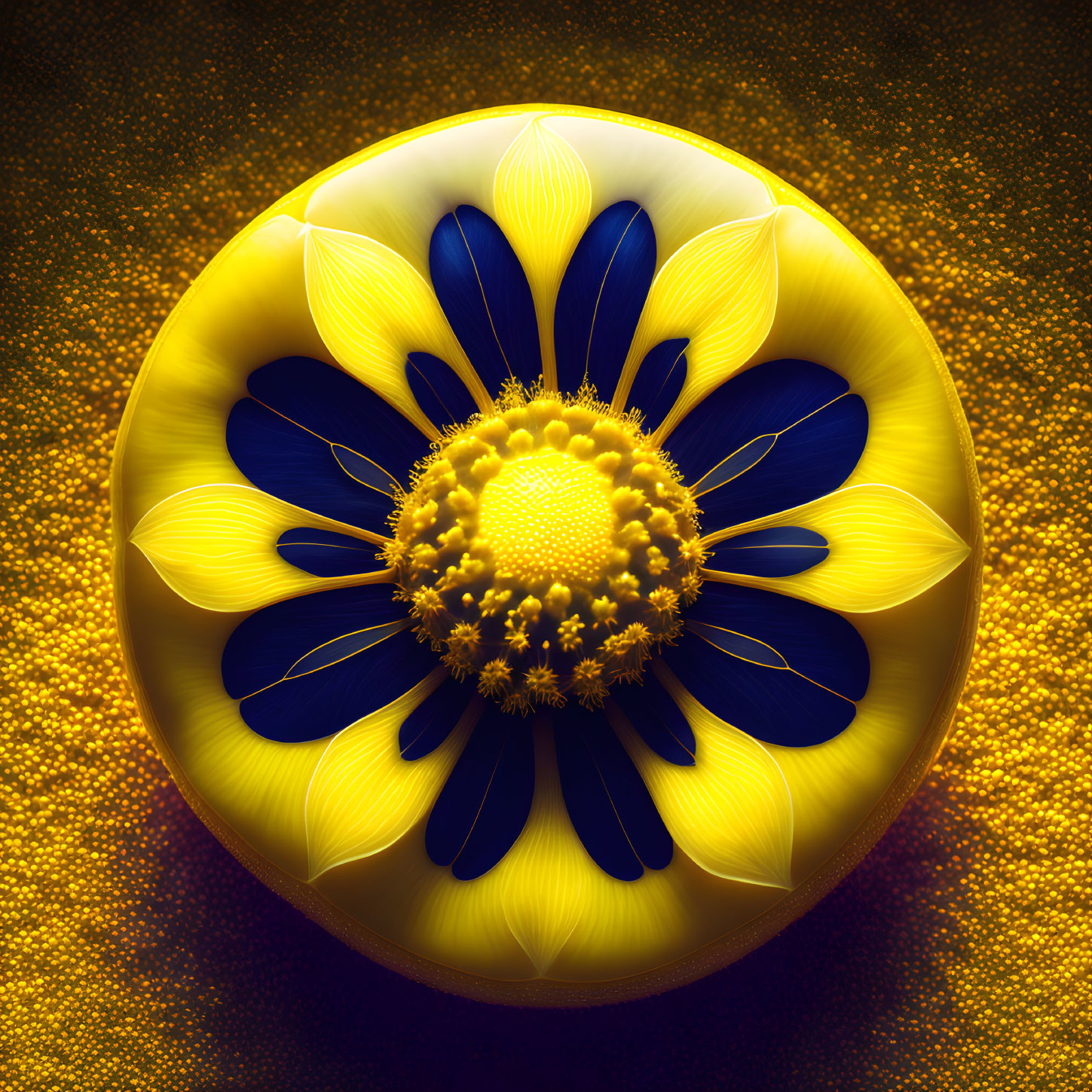 Vivid Yellow and Blue Fractal Flower on Golden Background