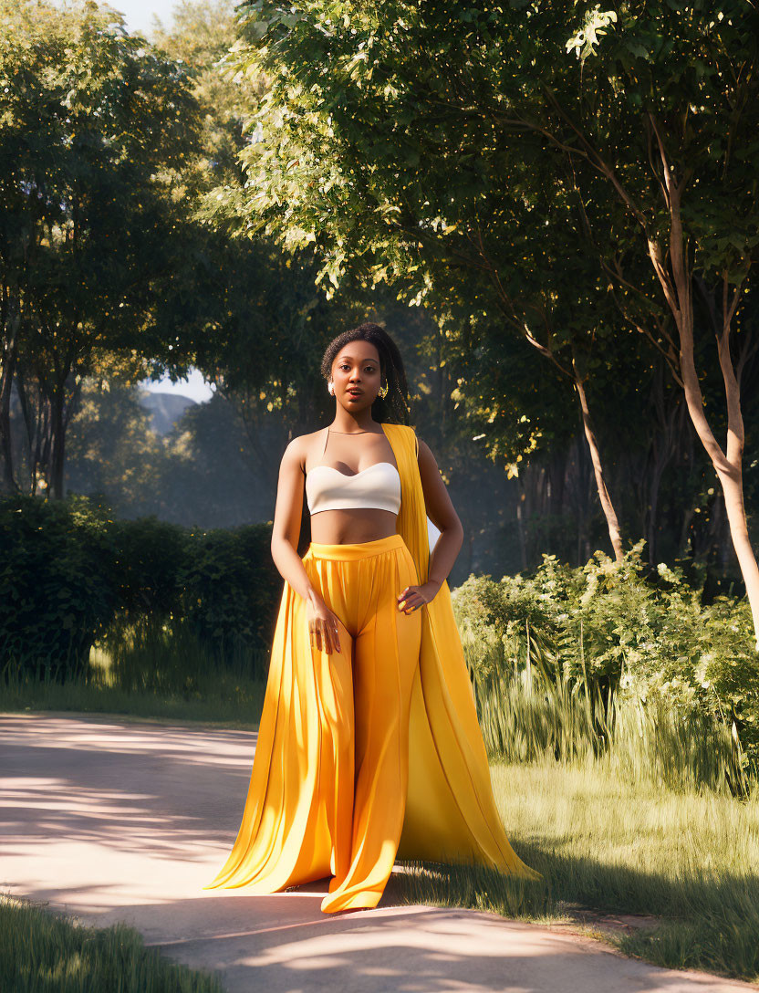 Woman in Stylish Yellow Outfit Standing Among Lush Green Trees