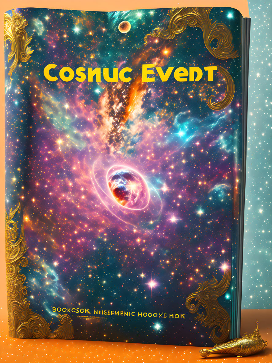 Colorful Cosmic Galaxy Notebook with Golden Ornamental Designs & Pen