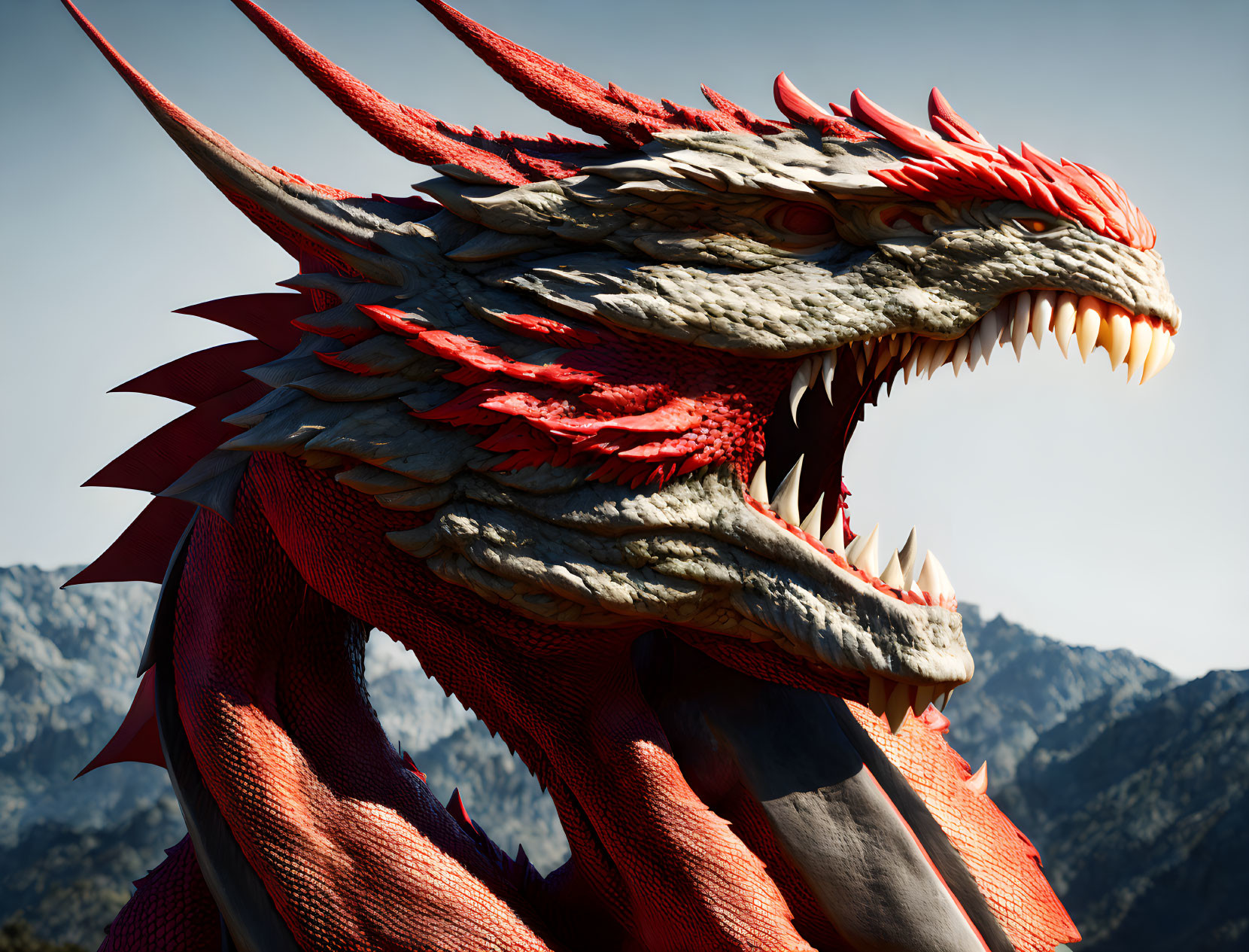 Red and White Dragon Close-Up Against Mountain Backdrop