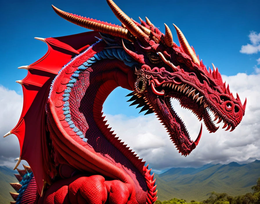 Detailed Red Dragon Guarding Mountainous Landscape in Blue Sky