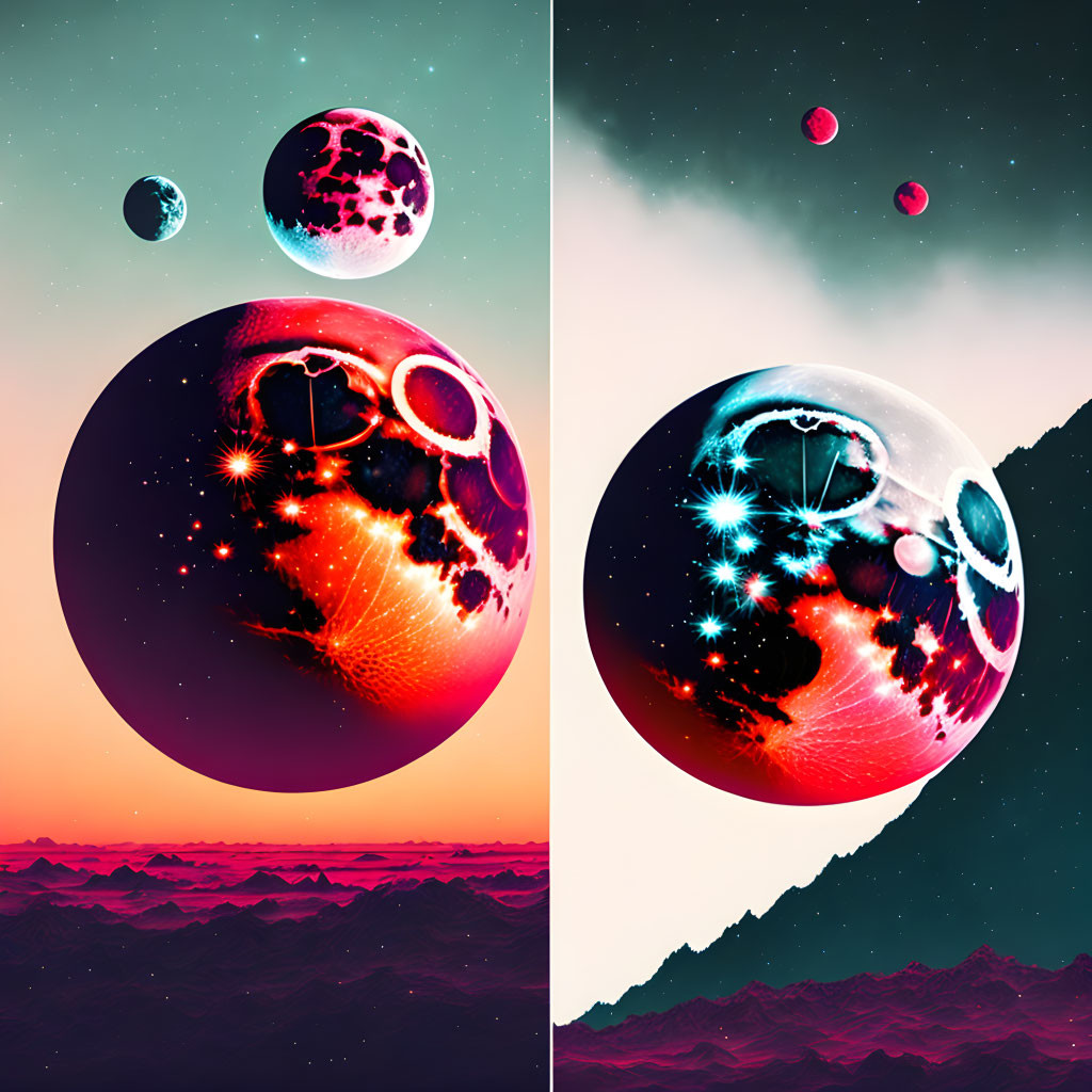 Vivid Cosmic Planets and Moons Over Purple Mountains