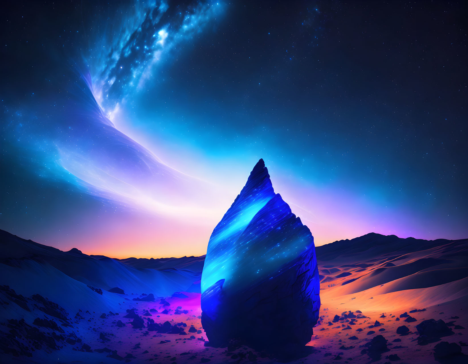 Blue crystal in desert under swirling night sky with cosmic colors.