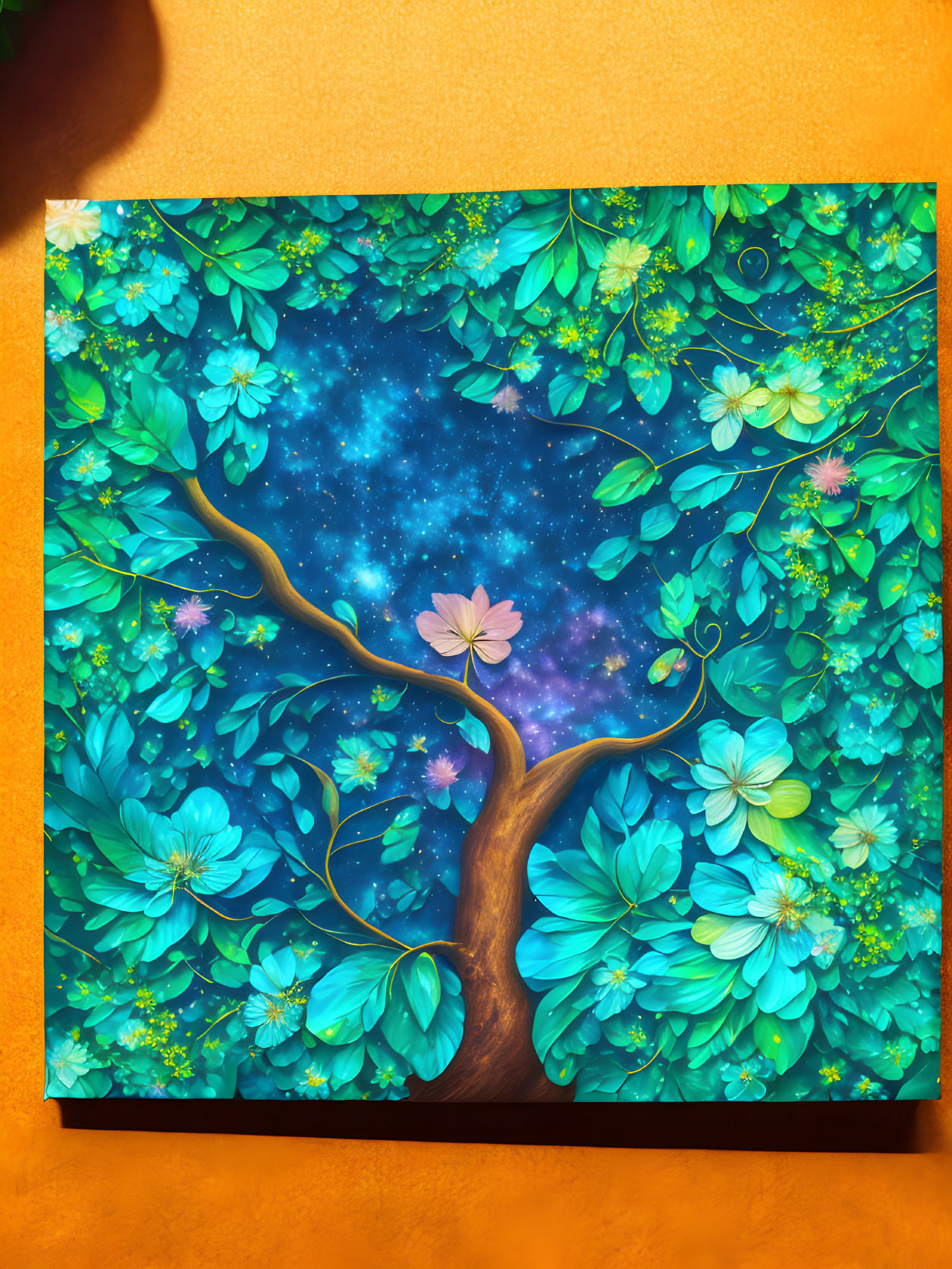 Colorful Tree Painting on Yellow Wall with Starry Night Sky