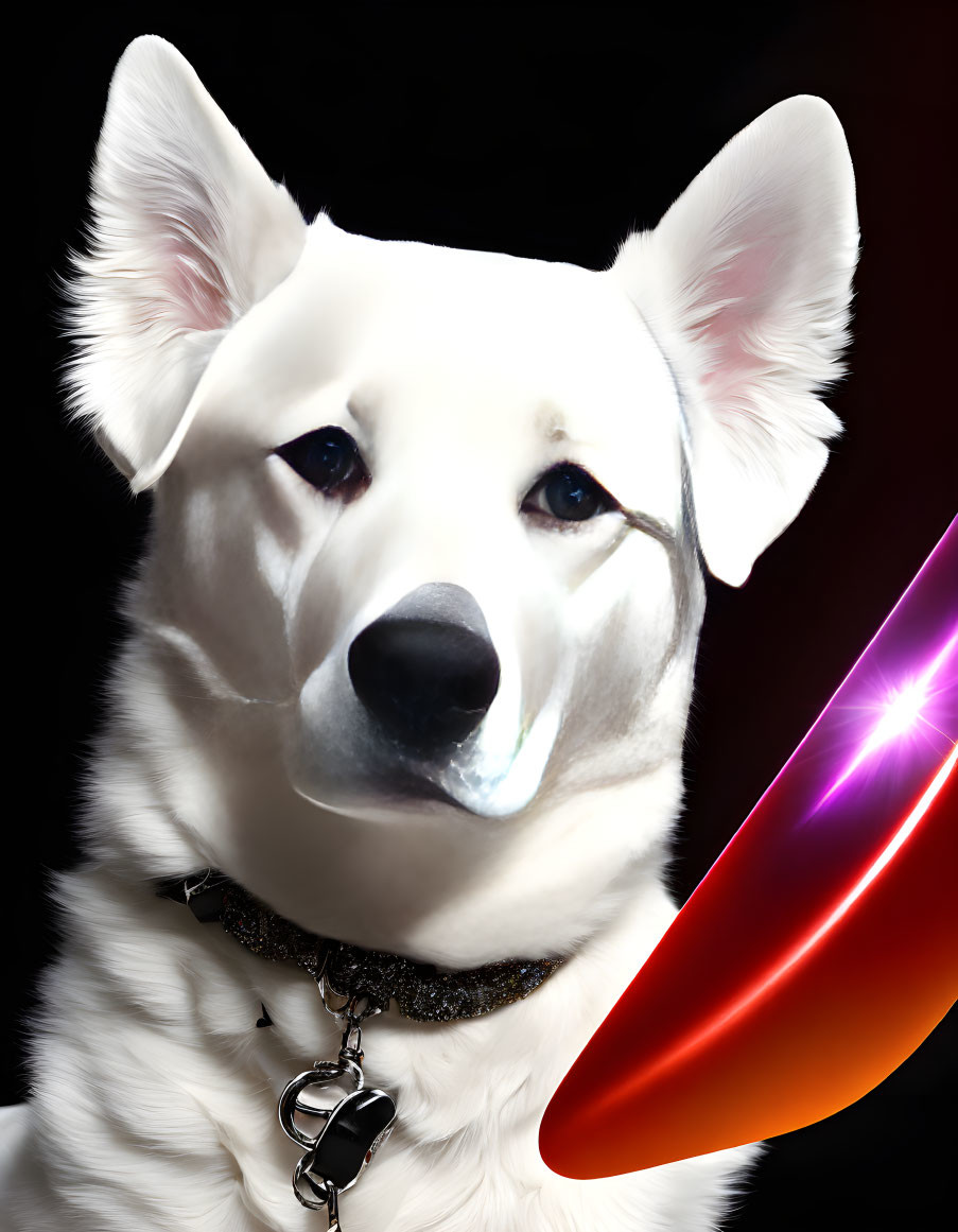 White Dog with Pointy Ears and Black Nose in Collar on Colorful Beam Background