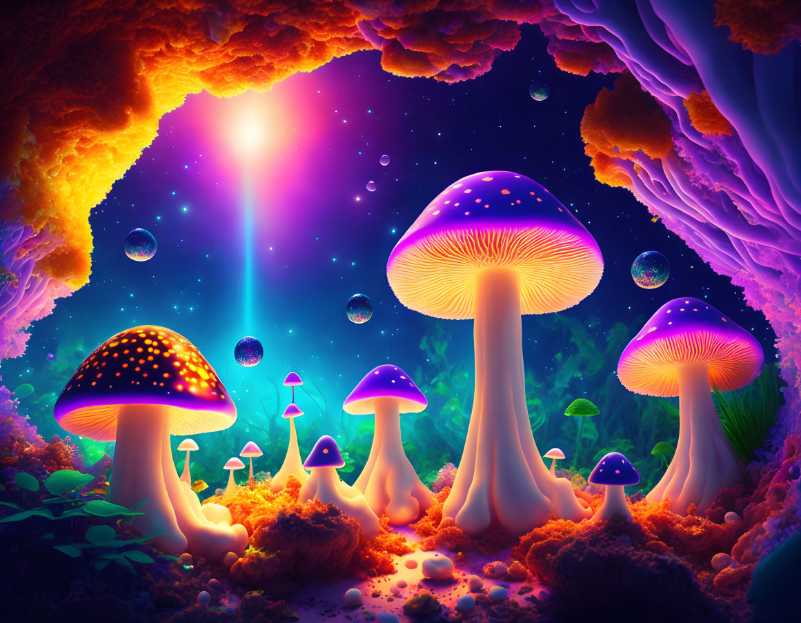 Colorful psychedelic scene with luminous mushrooms, starry sky, and floating bubbles