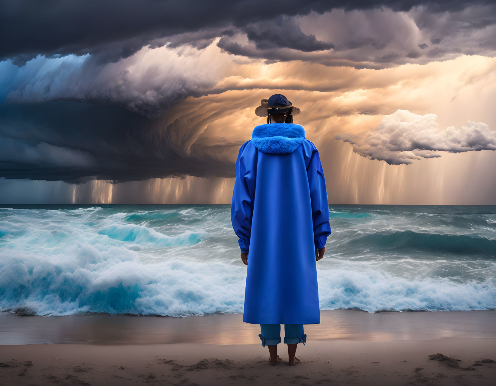 Person in Blue Coat Faces Stormy Sea and Sky