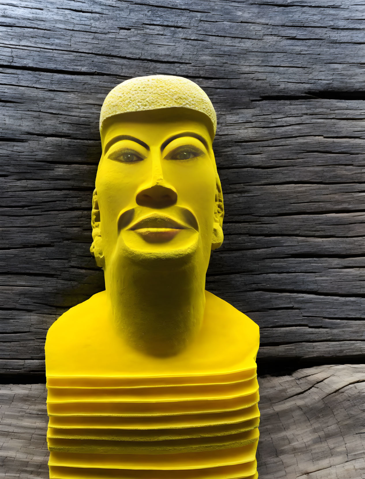 Vibrant yellow modern Egyptian pharaoh sculpture on dark wood plank