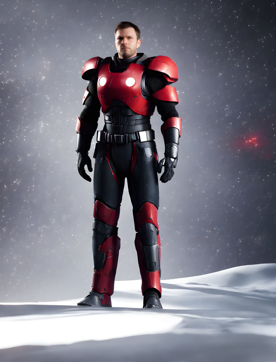 Person in Black and Red Armored Suit on Snowy Surface