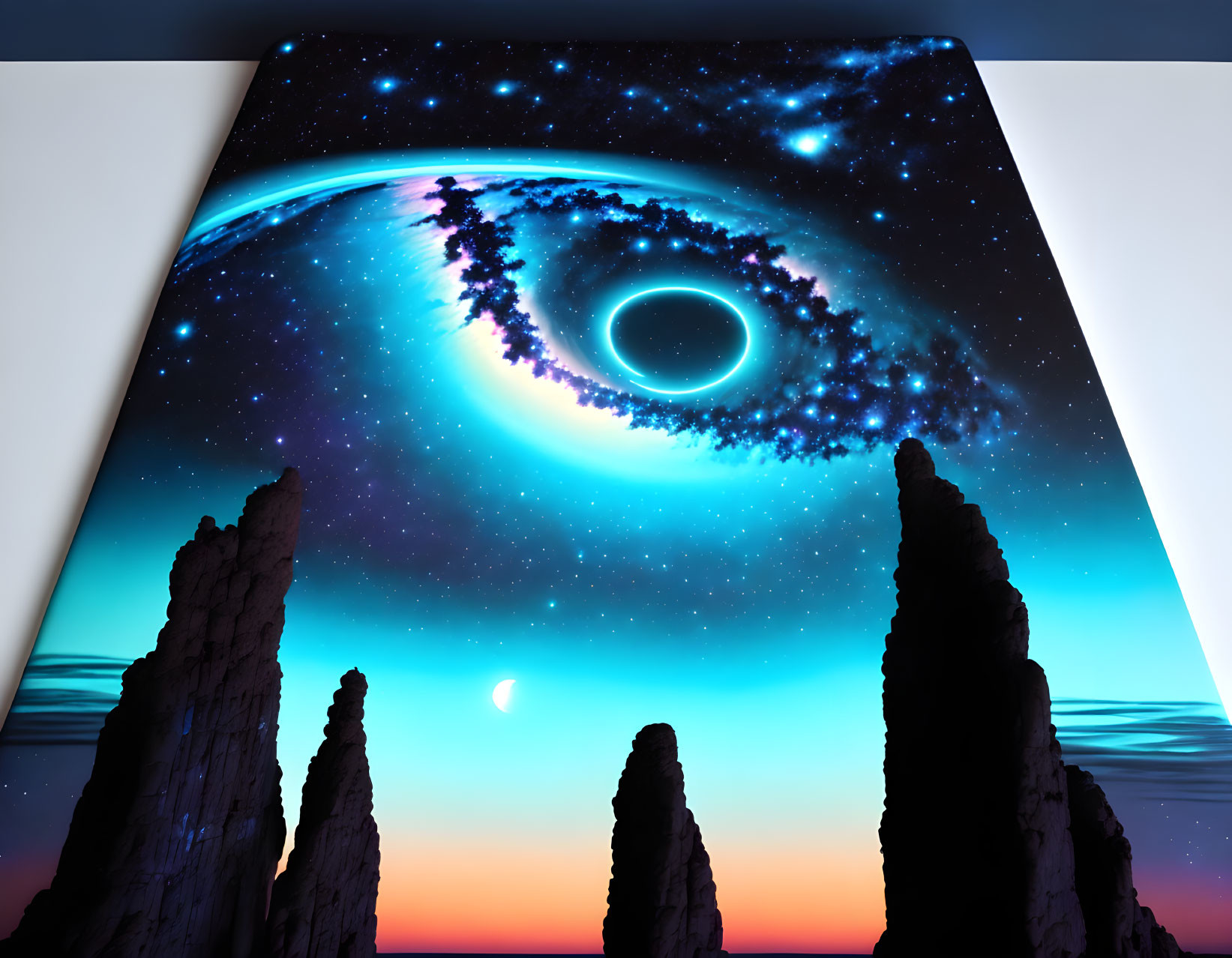 Cosmic black hole illustration on canvas with swirling galaxy and rocky formations