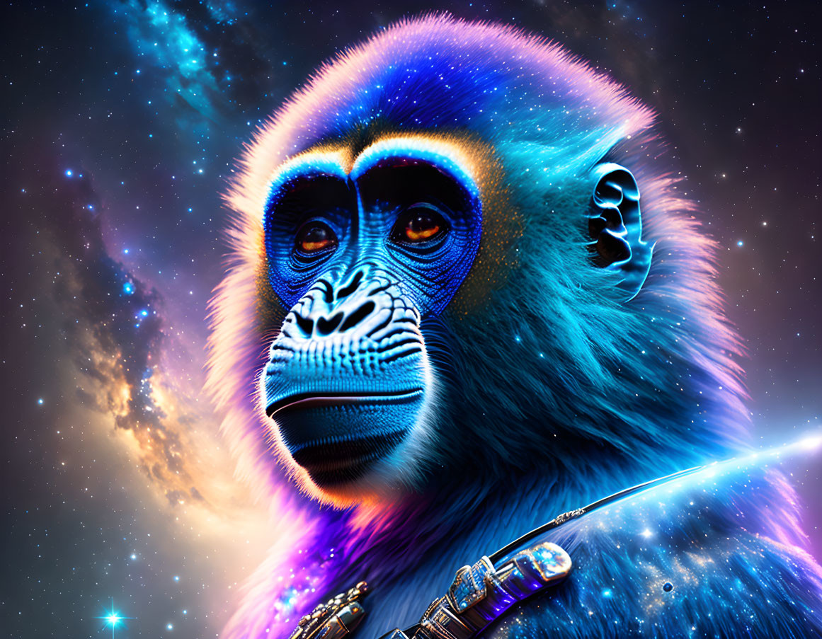 Colorful digital artwork: Mandrill with neon fur and futuristic weapon on cosmic backdrop