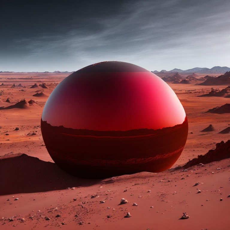 Red Sphere on Rocky Martian Landscape: Stark Contrast with Hazy Sky