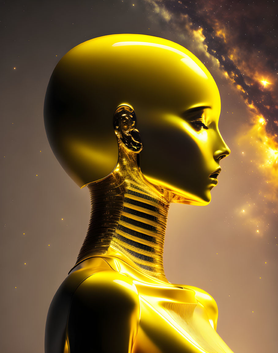 Golden humanoid robot with sleek design against cosmic backdrop.