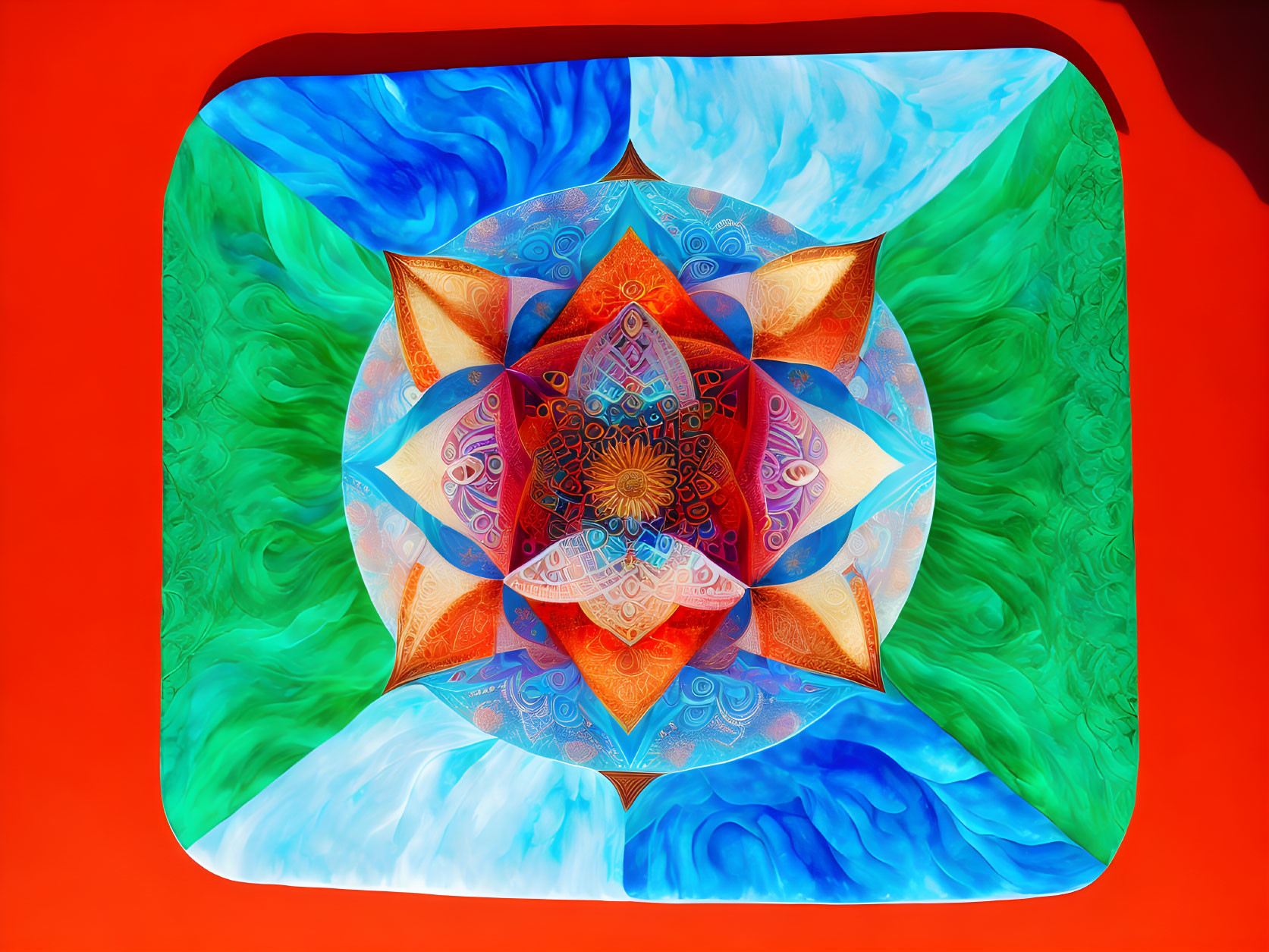 Colorful Abstract Mandala Pattern on Red Background