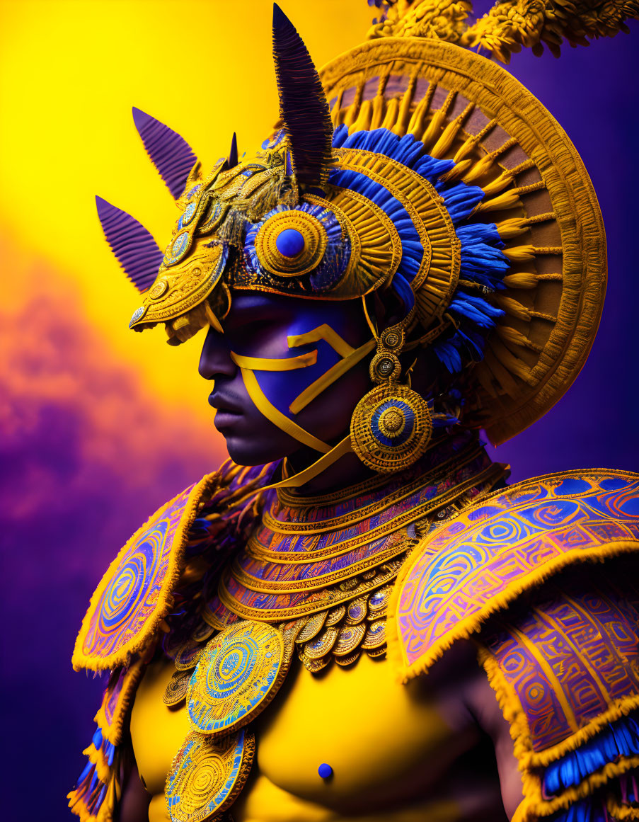 Profile portrait of person in ornate golden armor with feathered headdress on purple and yellow backdrop