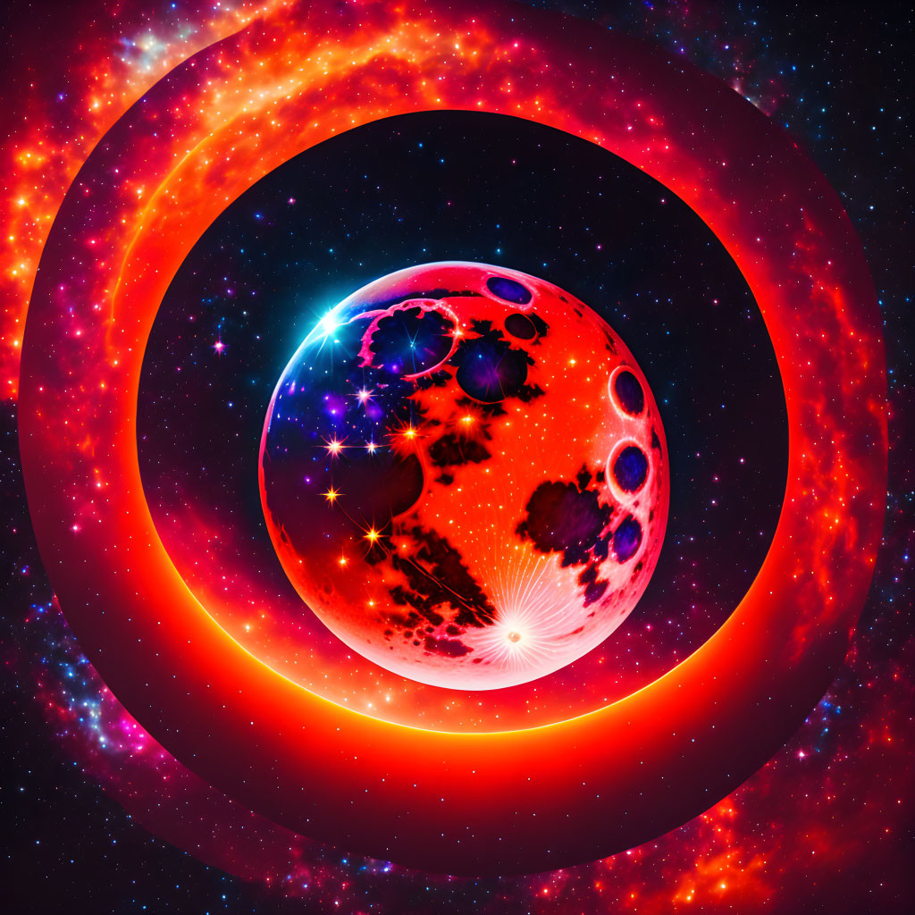 Colorful Textured Planet with Glowing Fiery Ring in Celestial Scene