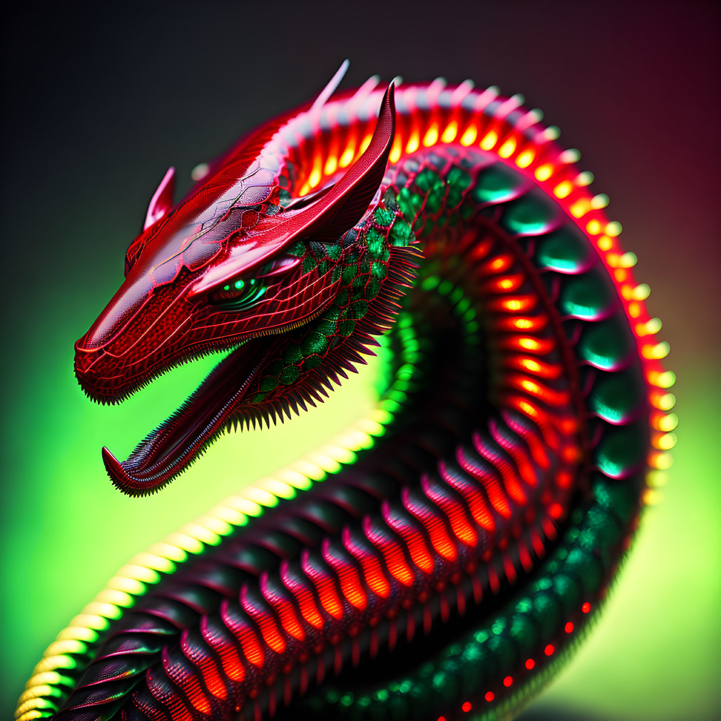 Vivid red dragon with intricate scales under dynamic lighting