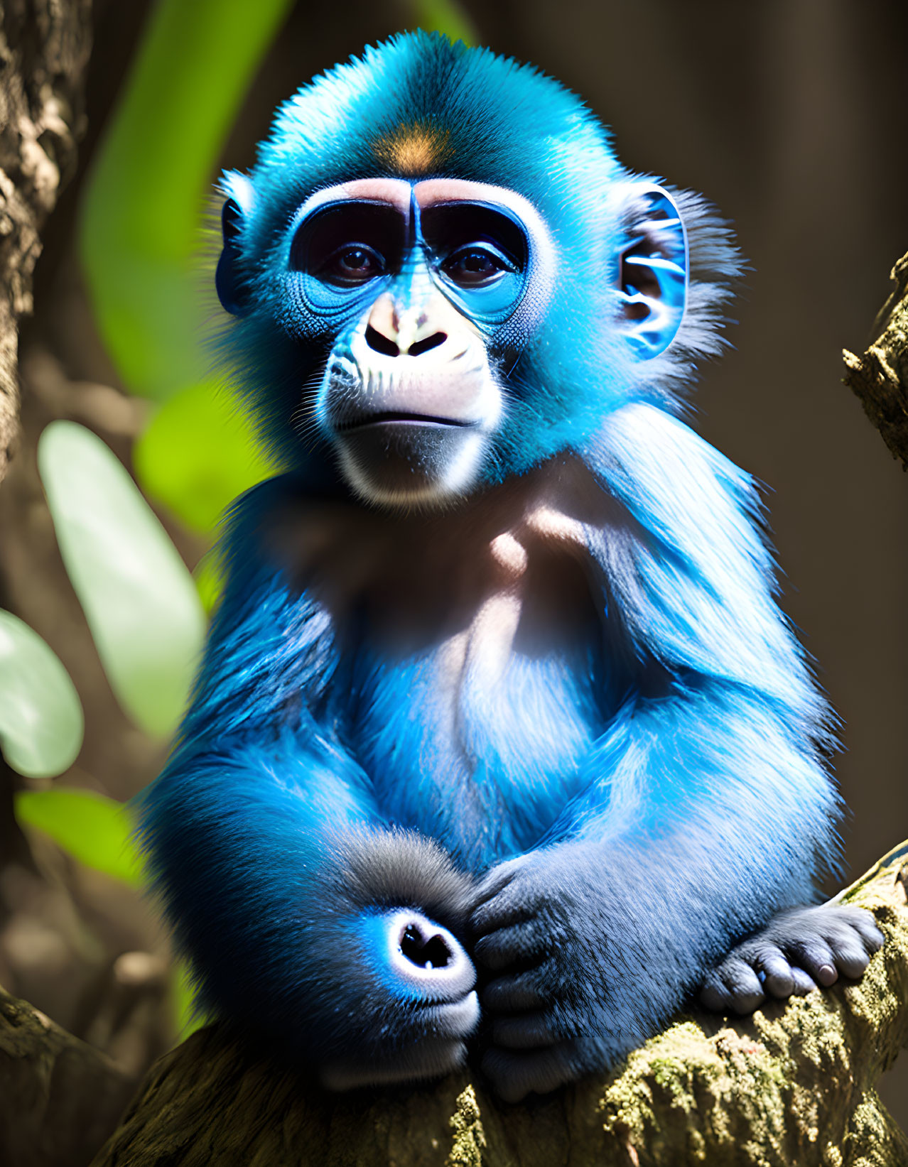 Vibrant blue monkey with distinctive facial features in natural setting