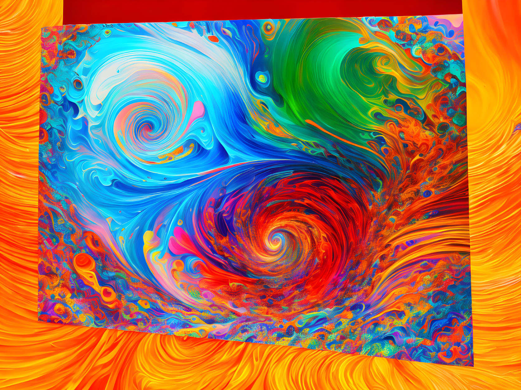 Colorful Abstract Painting with Swirling Patterns in Blue, Red, Orange, and Green Hues