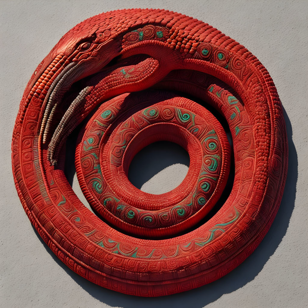 Circular red snake sculpture with intricate patterns on pale wall