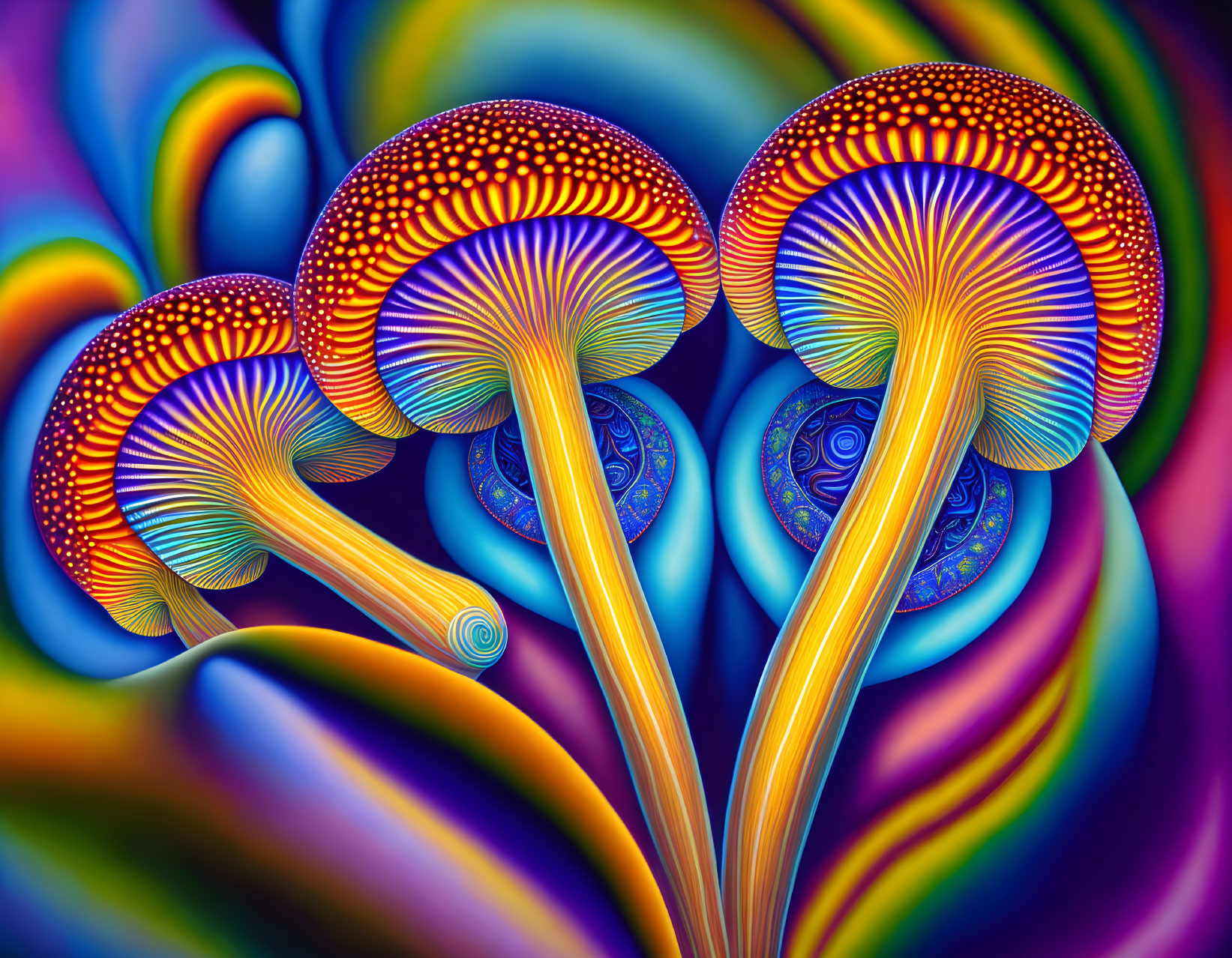 Vibrant digital artwork featuring stylized mushrooms on intricate background