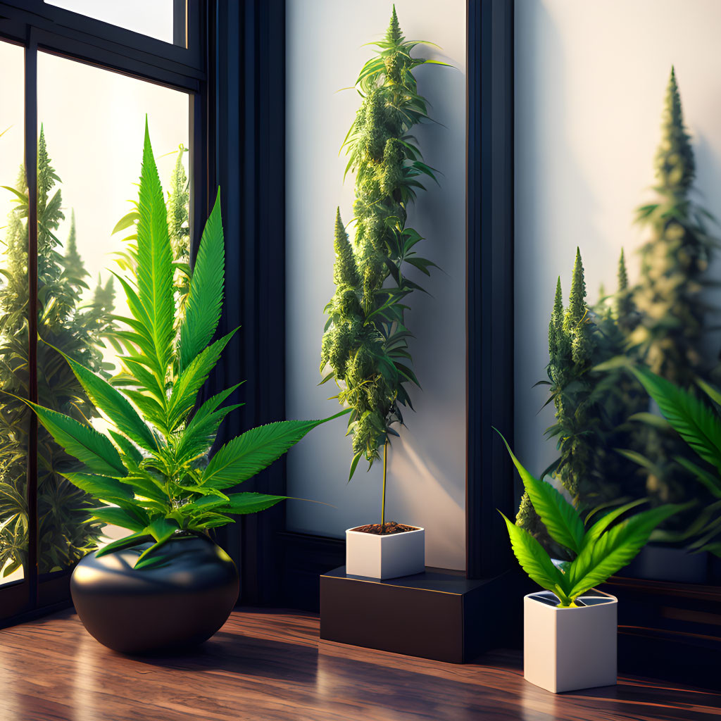 Stylish indoor setup with large cannabis plants in modern pots