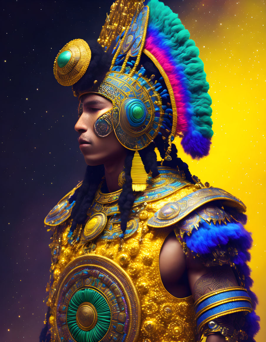 Elaborate golden and blue armor with feathered headdress on starry backdrop