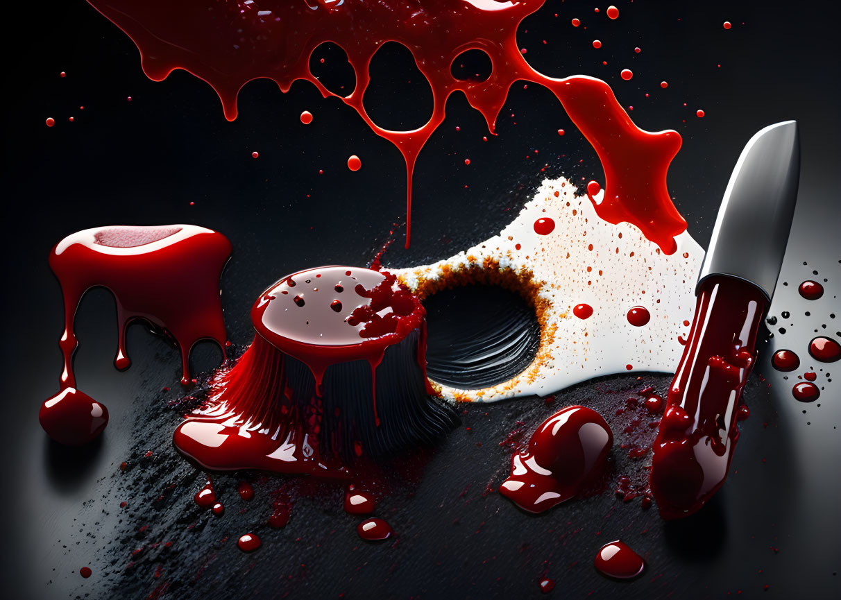 Dark background with spilled liquid, overturned bottle, and knife in dramatic scene