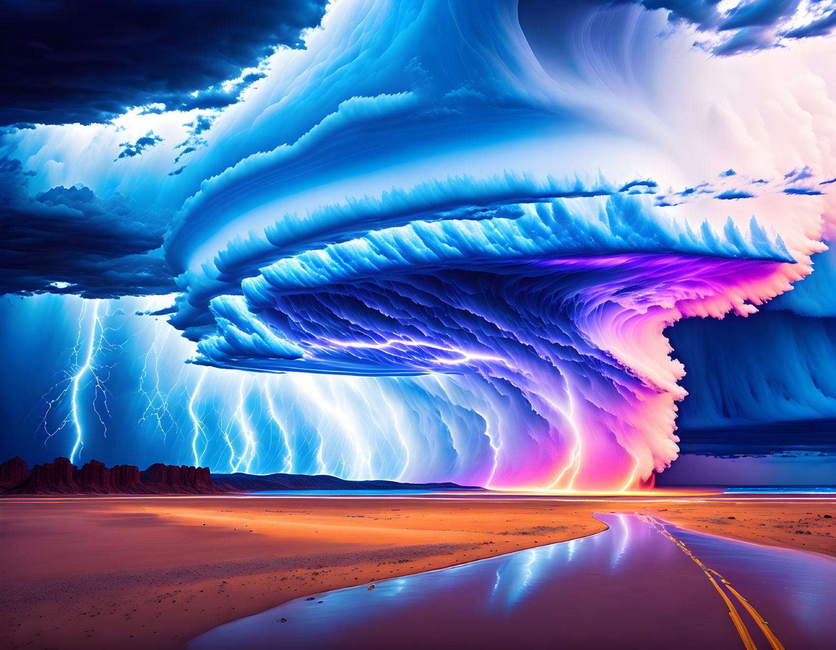 Vibrant surreal desert road with swirling cloud formation