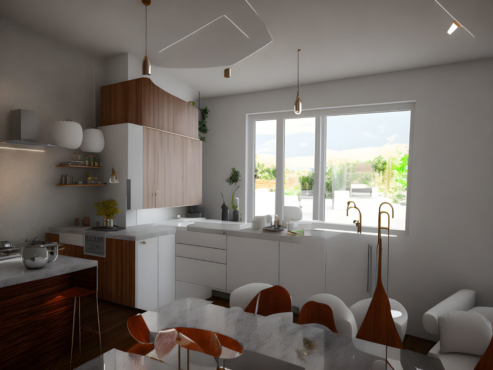 Modern Kitchen with White Cabinets, Wooden Accents, Pendant Lighting, Stylish Dining Area, Large Window