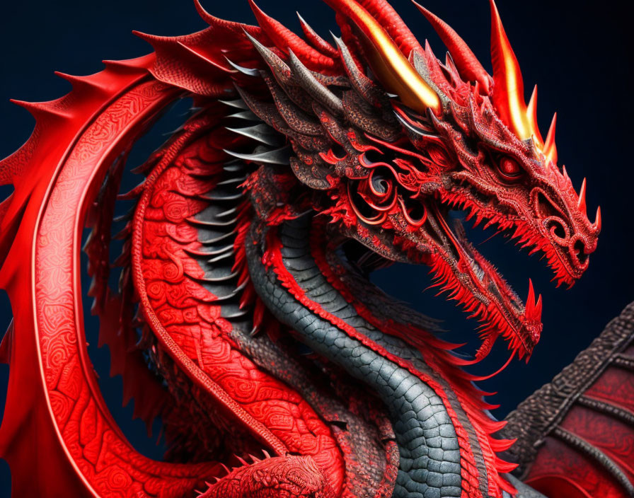 Detailed Red and Black Dragon Model with Sharp Horns and Glowing Eyes