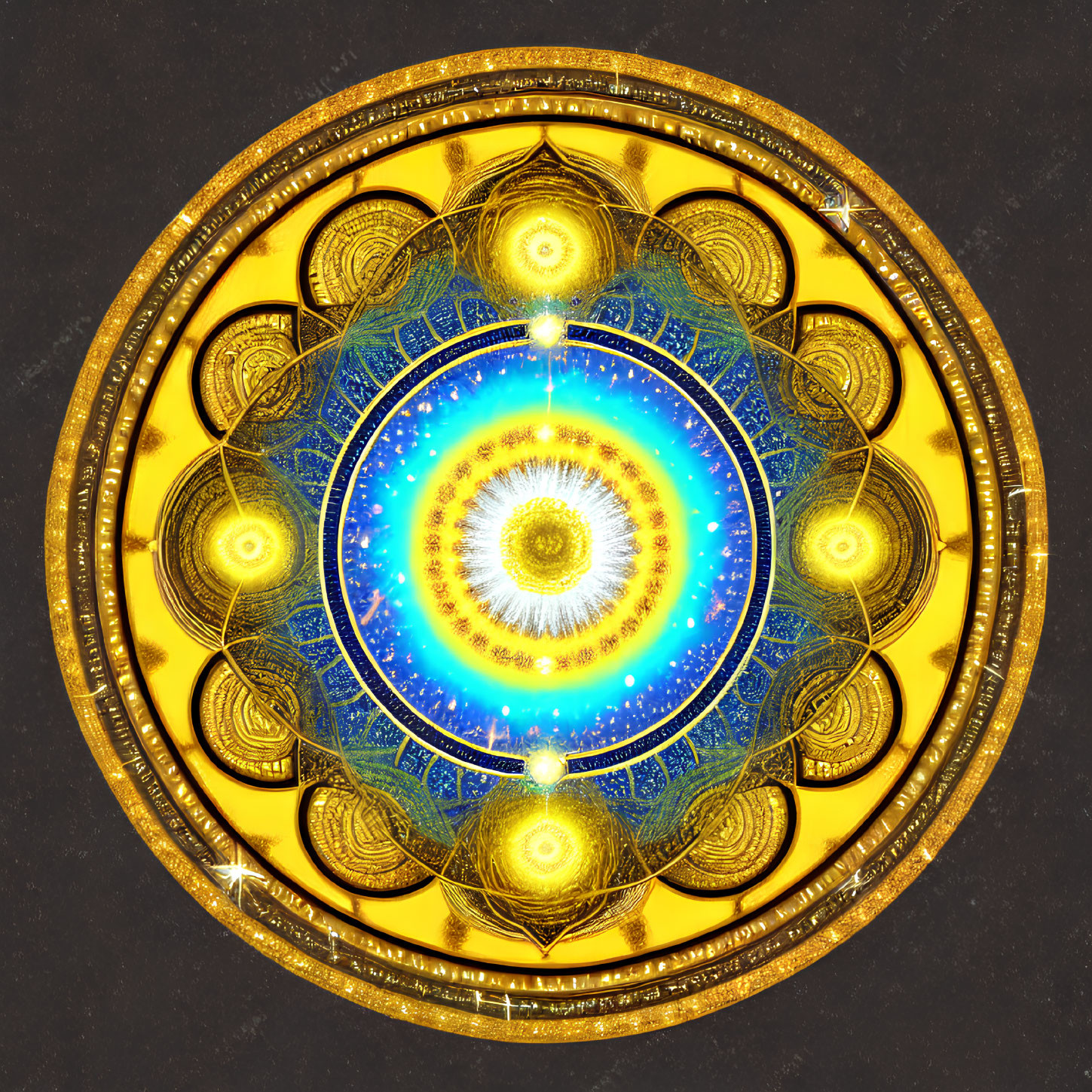 Intricate Golden Mandala with Blue Center on Starry Background