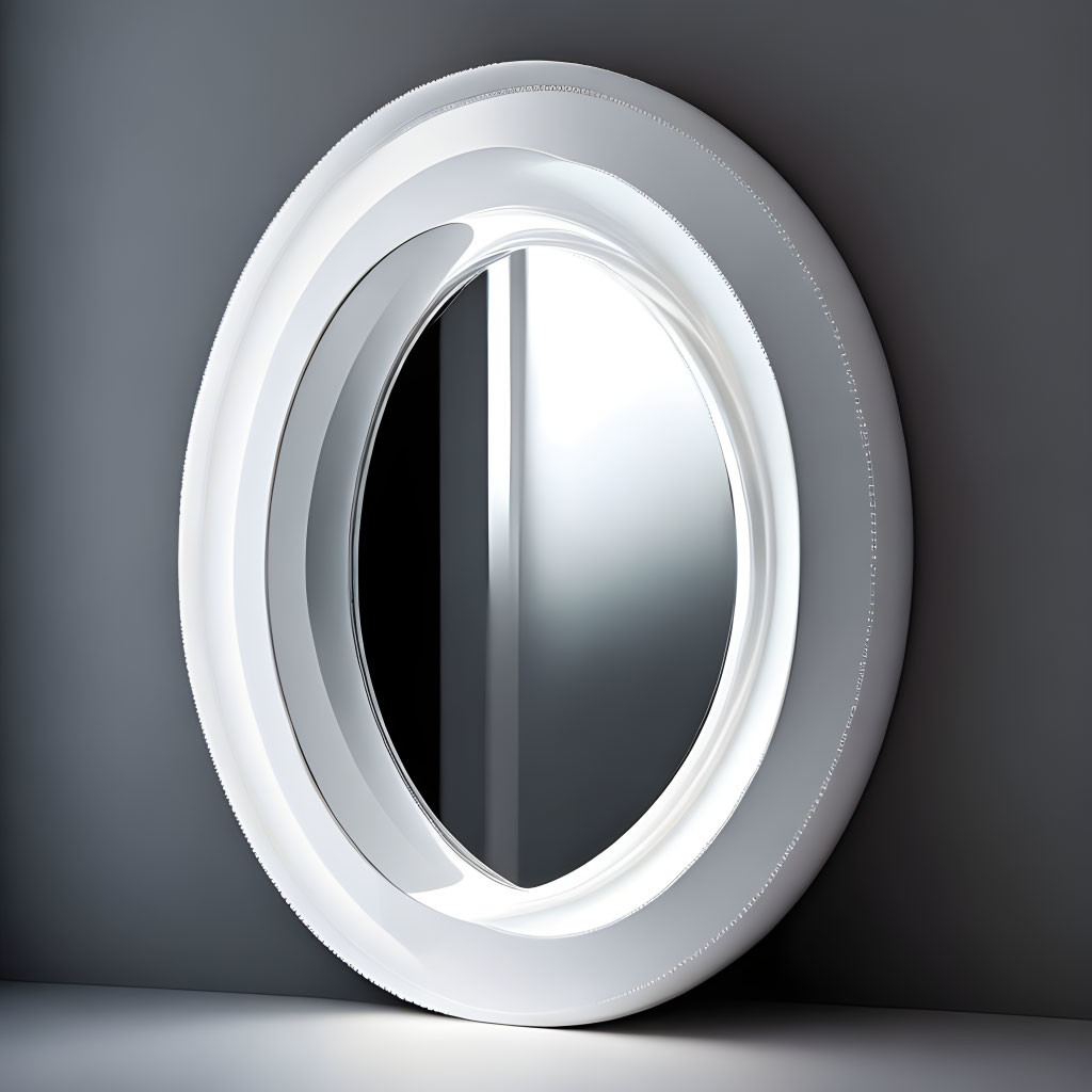 Circular multi-frame mirror reflecting light on gray wall