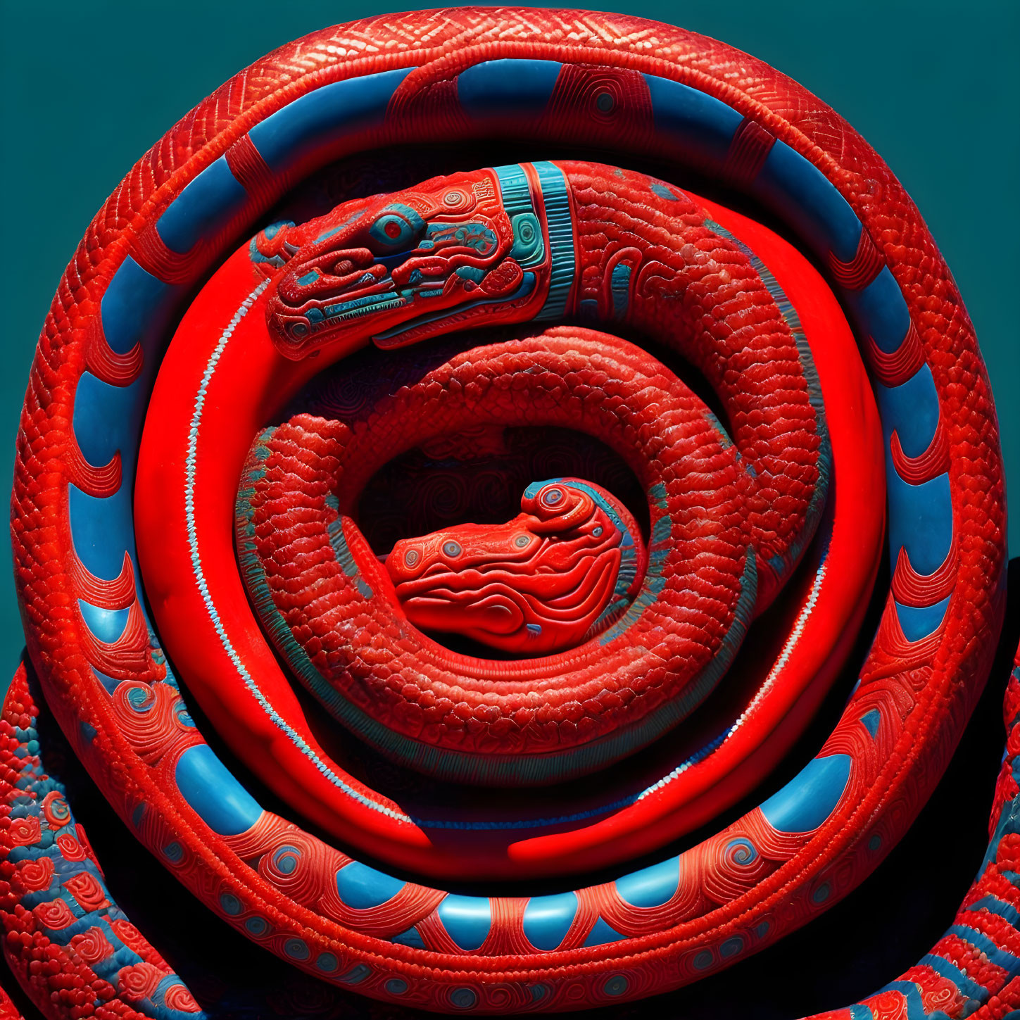 Red serpents in intricate patterns on teal background