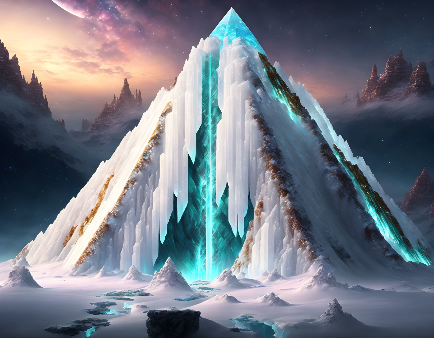 Luminous crystal-like mountain under starry sky with glowing crevice