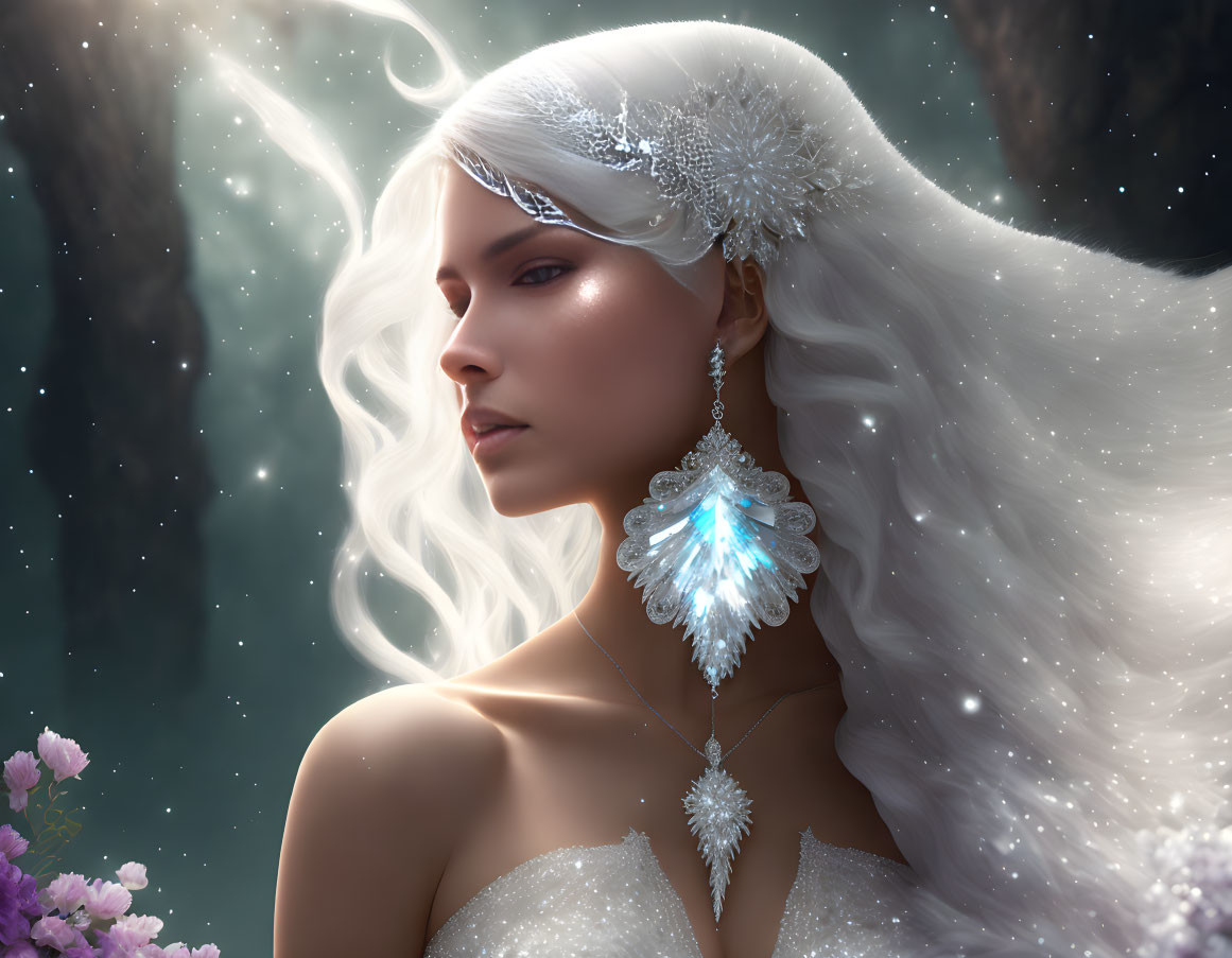 Fantasy illustration: Woman with white hair, tiara, gown, gem necklace, magical starry