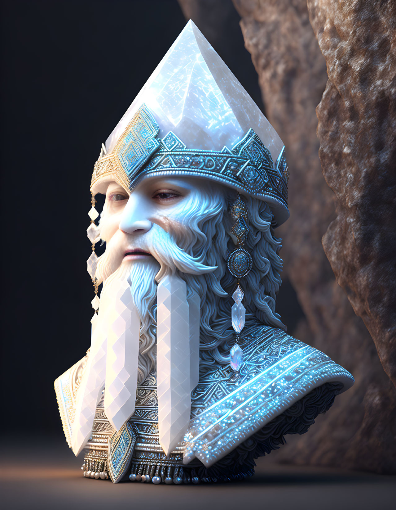 Digital artwork of a bearded figure with crystal crown and silver adornments.