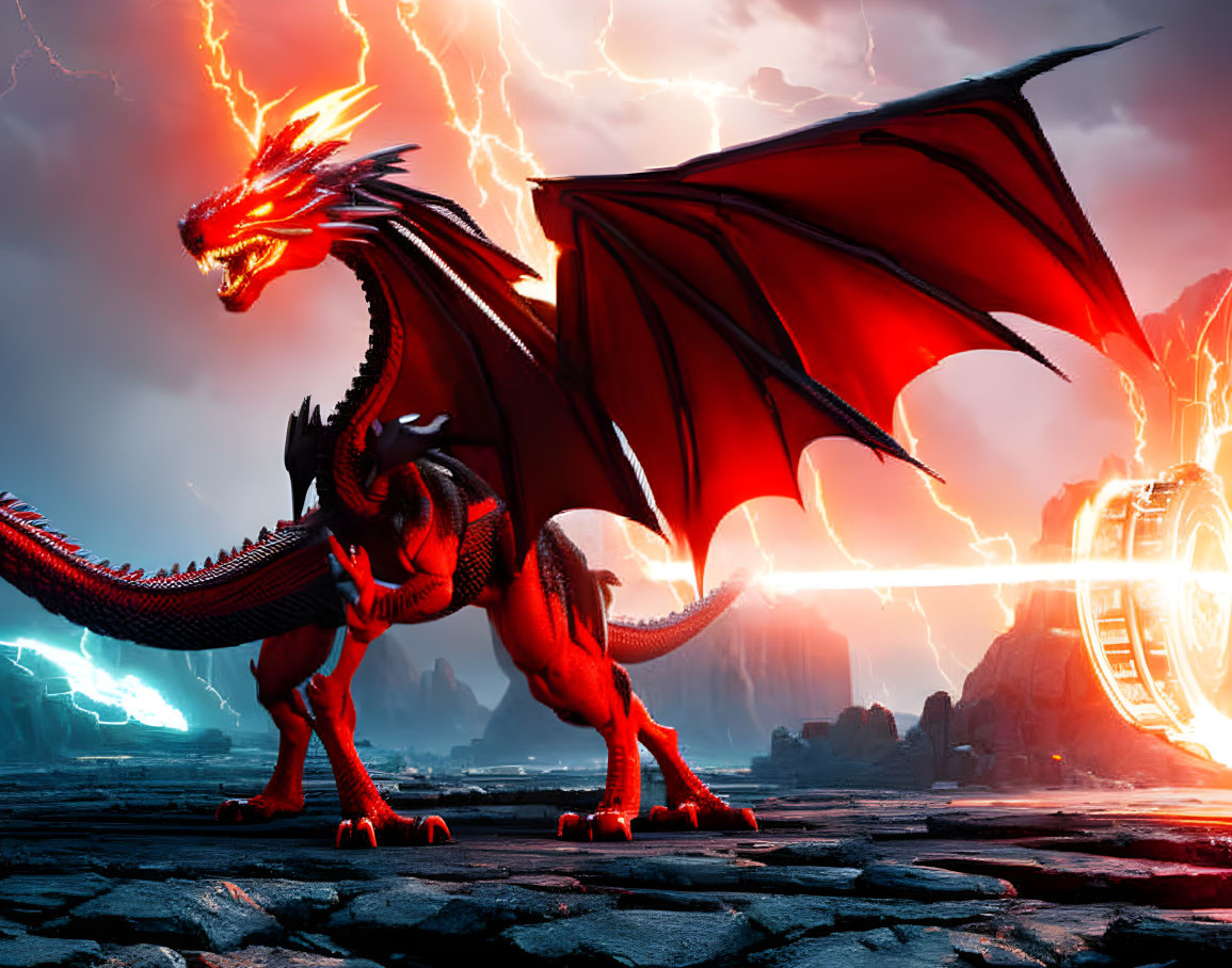 Red dragon with spread wings and fiery breath against lightning backdrop