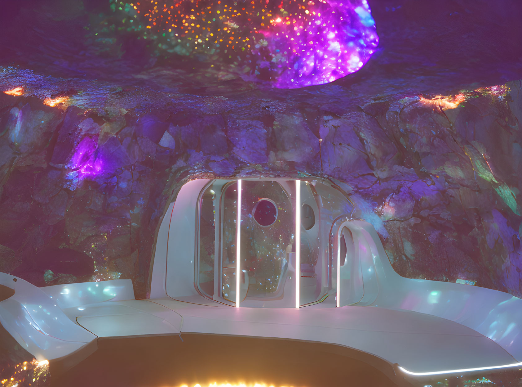 Glass-Doored Pod in Vibrant Cave with Glowing Crystals