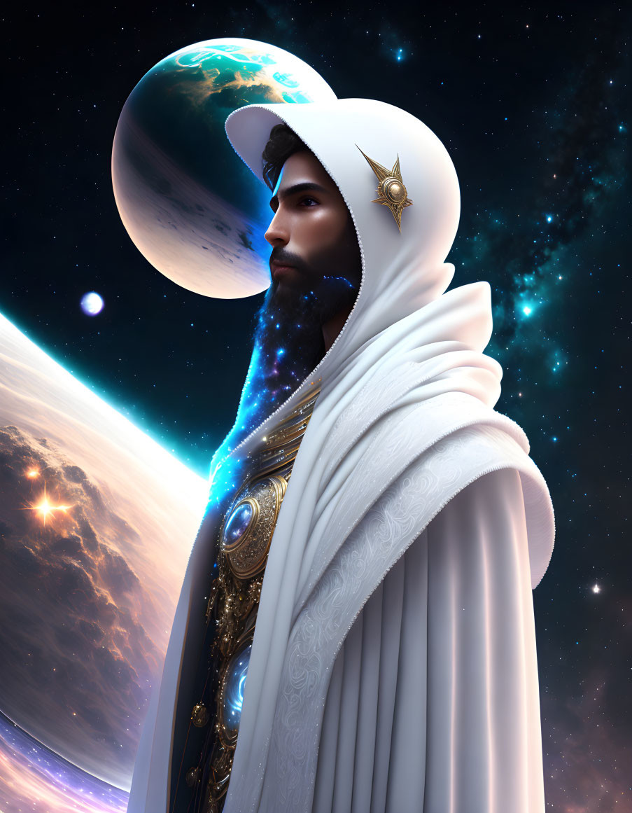 Majestic figure in white robe with golden details in cosmic setting