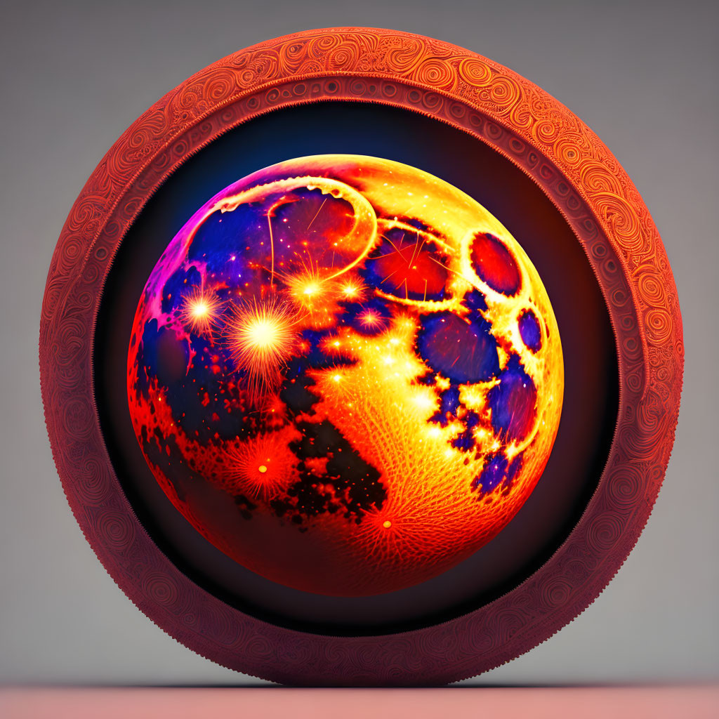 Fiery orange planet in ornate circular frame with intricate designs