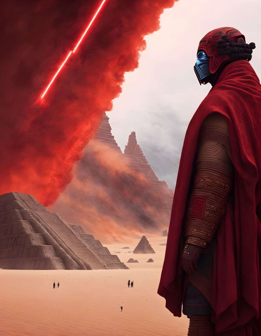 Figure in red cloak and helmet in desert landscape with towering rock formations under dramatic sky.