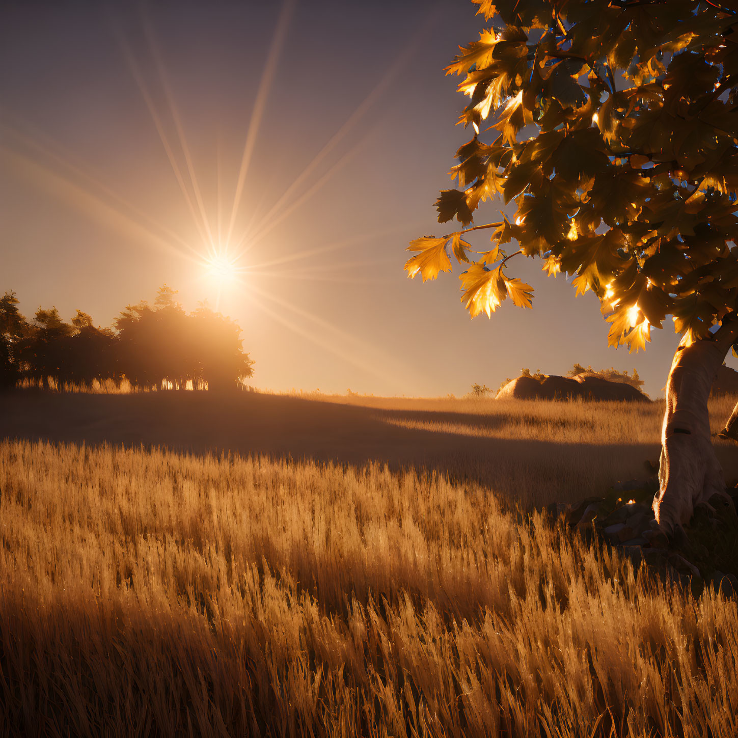 Tranquil Sunset Landscape with Tree and Wheat Field