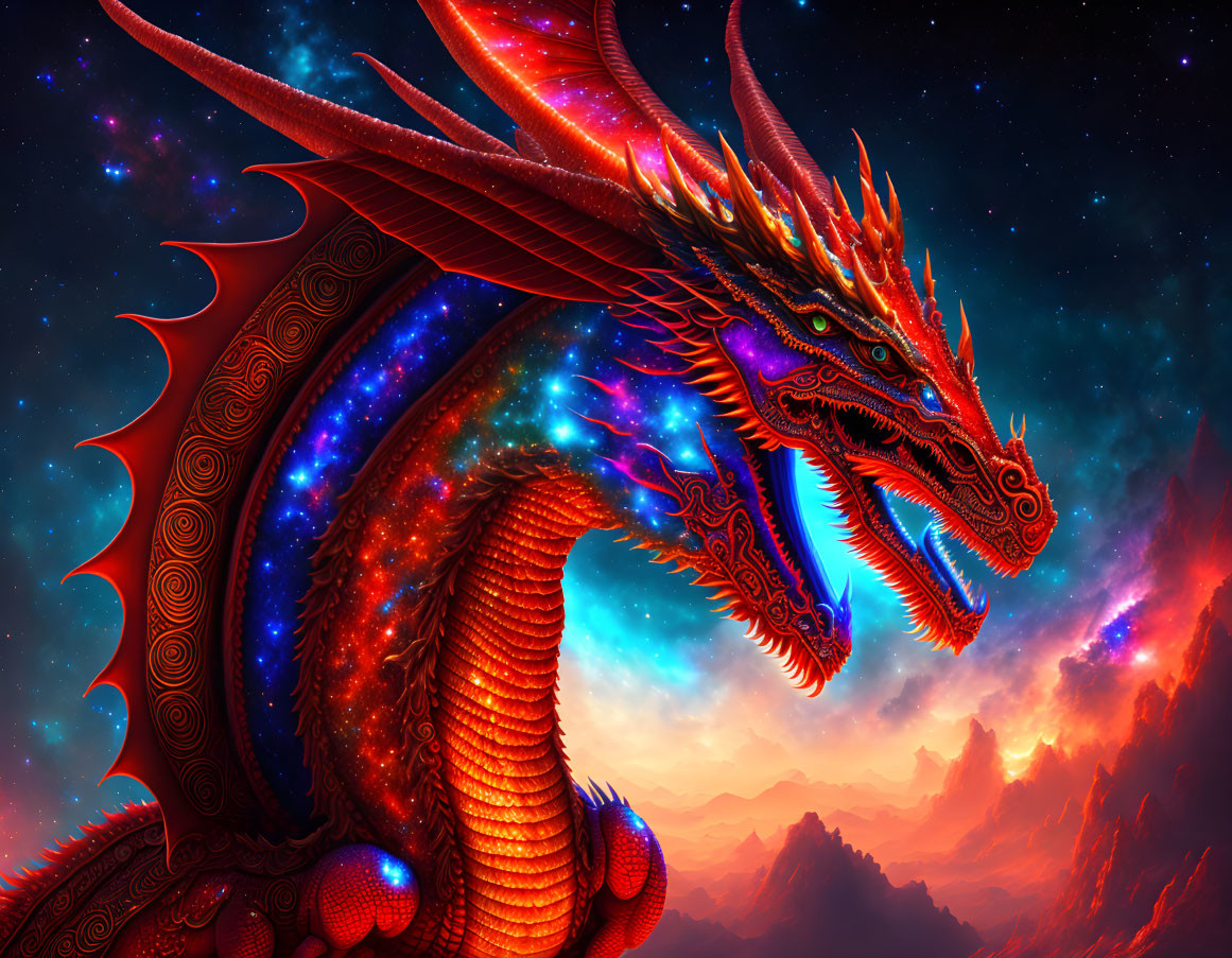 Majestic dragon with iridescent scales in cosmic sky