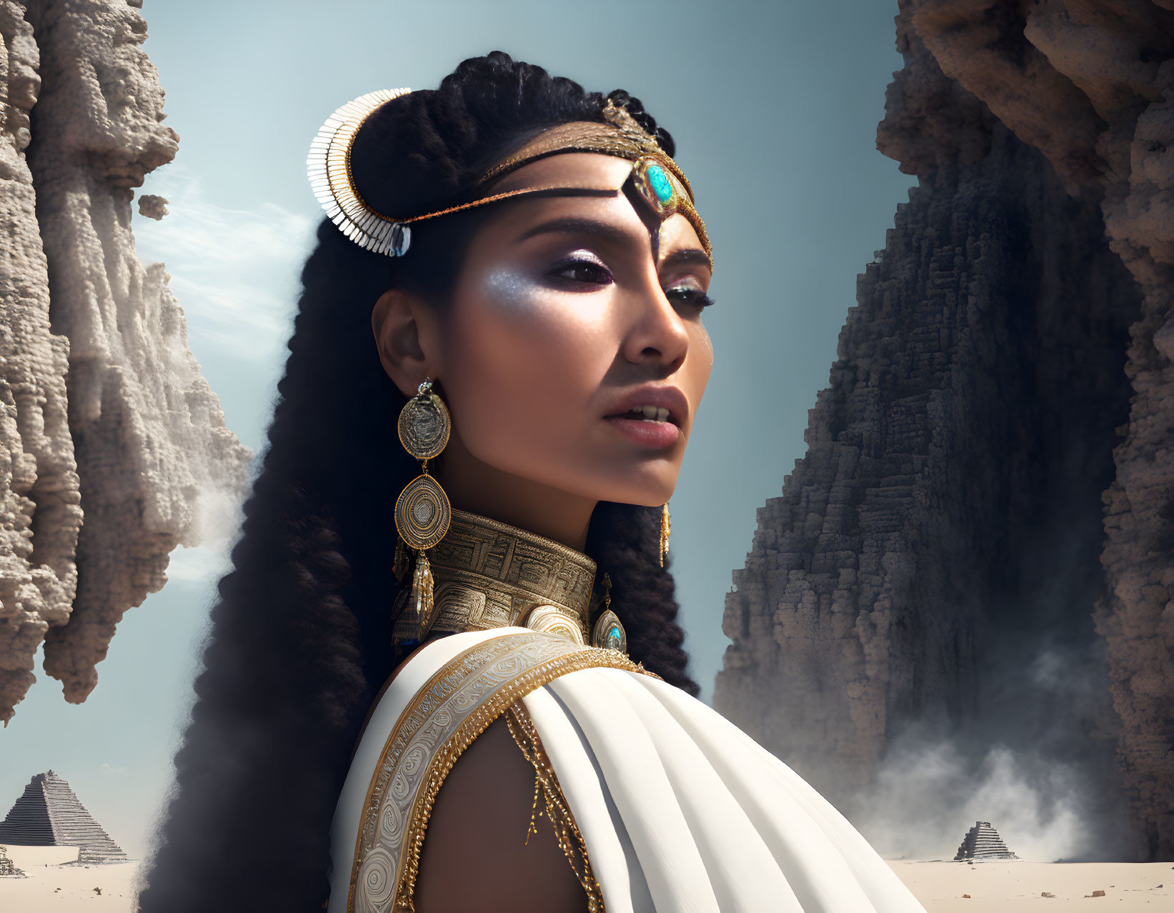 Woman adorned in ornate jewelry and headdress in desert with pyramids.