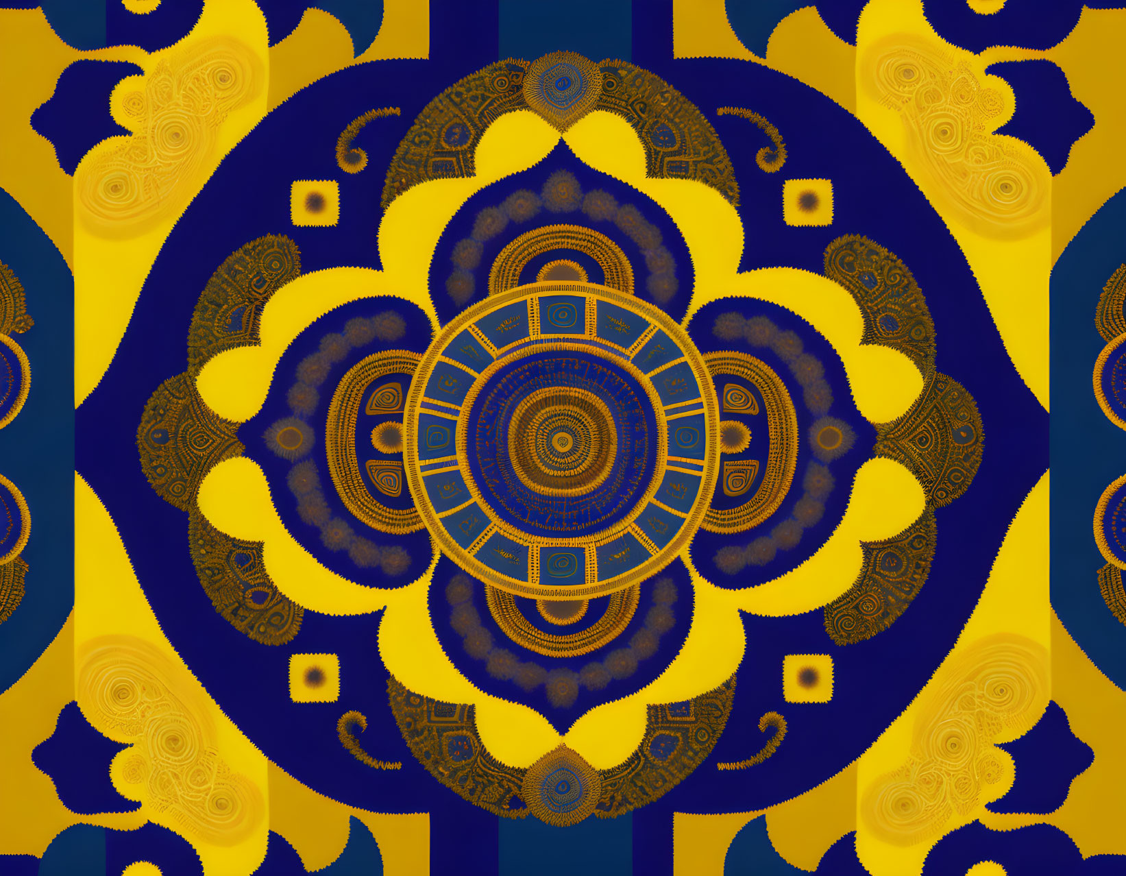 Symmetrical Blue and Gold Digital Mandala with Floral and Geometrical Patterns